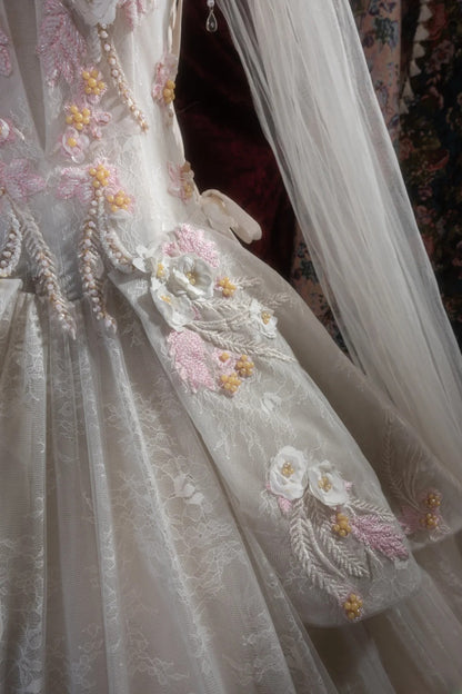 Sweety Ball Gown Scoop Ivory With Pink Tulle Long Flowers Lace Quince Dress inspo Party Gowns Sweet 16 Outfits RB8274