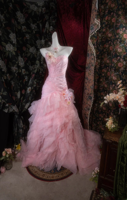 Vintage Mermaid Sweetheart Pink With Tiered Tulle Long Prom Dresses Formal Outfits Evening Night Gown RB8139