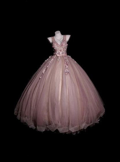 Sweet 16 Dress Pink V Neck Ball Gown With 3D Flowers Sweet Sixteen Dress RB9927