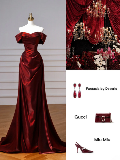 Classy Mermaid Off The Shoulder Burgundy Satin Long Formal Prom Dresses Dance Night Outfits Party Gowns AQ132