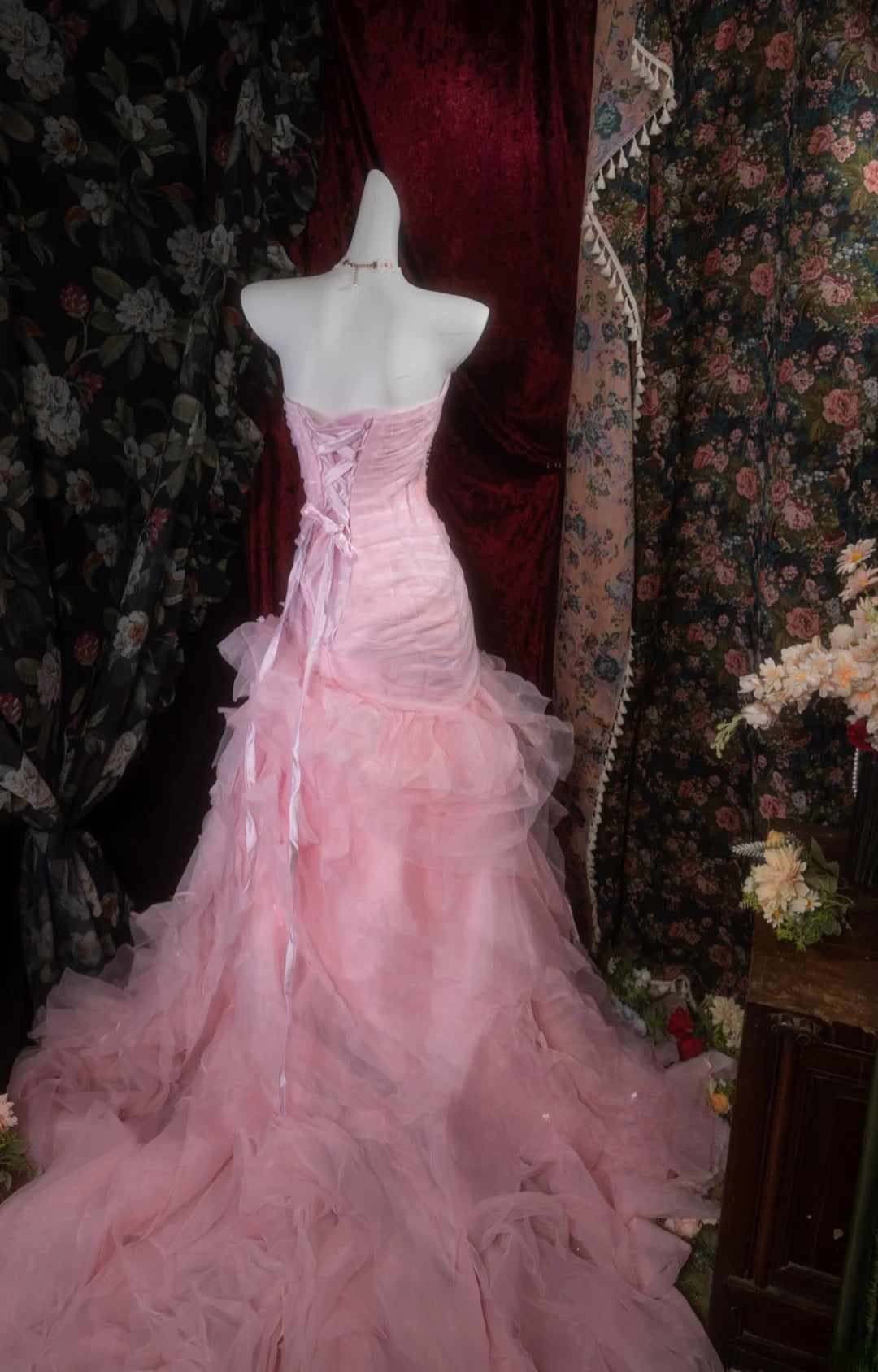 Vintage Mermaid Sweetheart Pink With Tiered Tulle Long Prom Dresses Formal Outfits Evening Night Gown RB8139