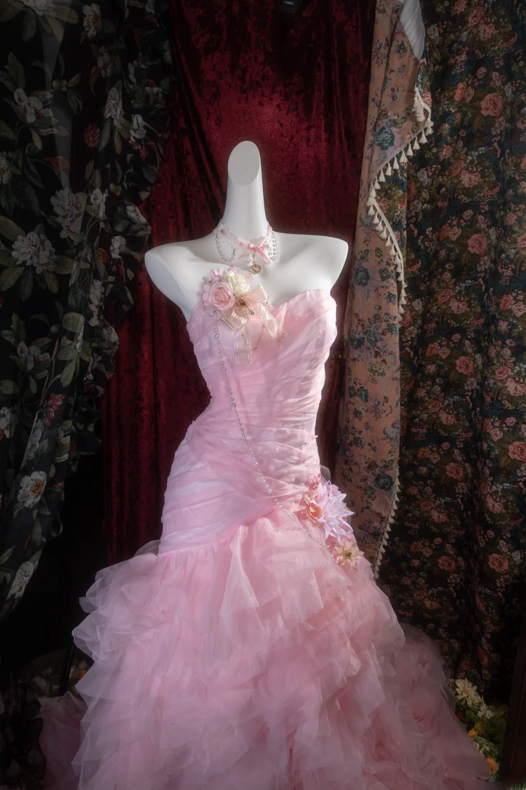 Vintage Mermaid Sweetheart Pink With Tiered Tulle Long Prom Dresses Formal Outfits Evening Night Gown RB8139
