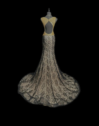 Modest Prom Dresses Mermaid Scoop Gold Black Lace Backless Long Party Dress Formal Outfits RB5942