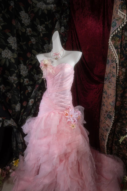 Vintage Mermaid Sweetheart Pink With Tiered Tulle Long Prom Dresses Formal Outfits Evening Night Gown RB8139