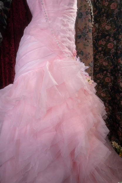 Vintage Mermaid Sweetheart Pink With Tiered Tulle Long Prom Dresses Formal Outfits Evening Night Gown RB8139