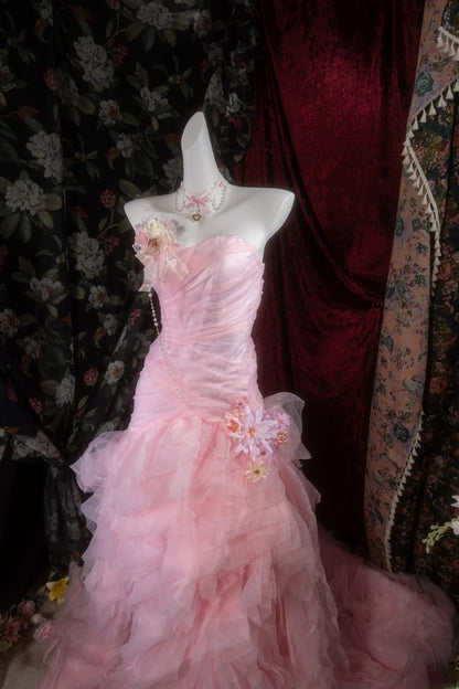 Vintage Mermaid Sweetheart Pink With Tiered Tulle Long Prom Dresses Formal Outfits Evening Night Gown RB8139