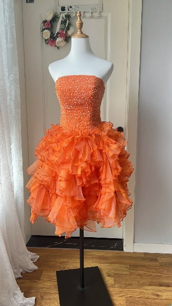 Hoco Dress Ball Gown Strapless Orange Tulle Short Homecoming Birthday Party Dress RC0498