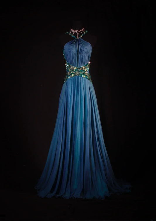 Retro Vintage 1960s Formal A line Halter Blue Fashion With Beads Long Prom Dresses Party Formal Gowns AS133