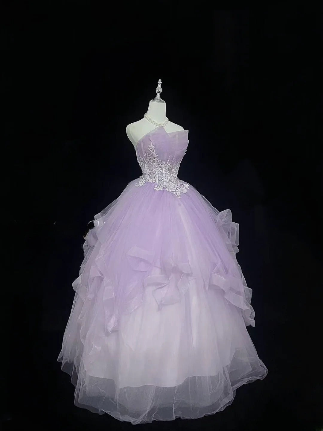 Princess Ball Gown Strapless Lilac With Tiered Layers Lace Quince Dress Voluminous Sweet 16 Sweet Sixteen Outfits Vestido de 15 RB7503