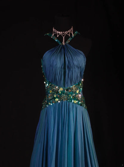 Retro Vintage 1960s Formal A line Halter Blue Fashion With Beads Long Prom Dresses Party Formal Gowns AS133