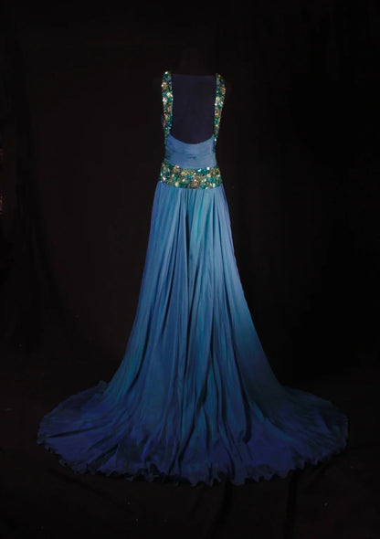 Retro Vintage 1960s Formal A line Halter Blue Fashion With Beads Long Prom Dresses Party Formal Gowns AS133