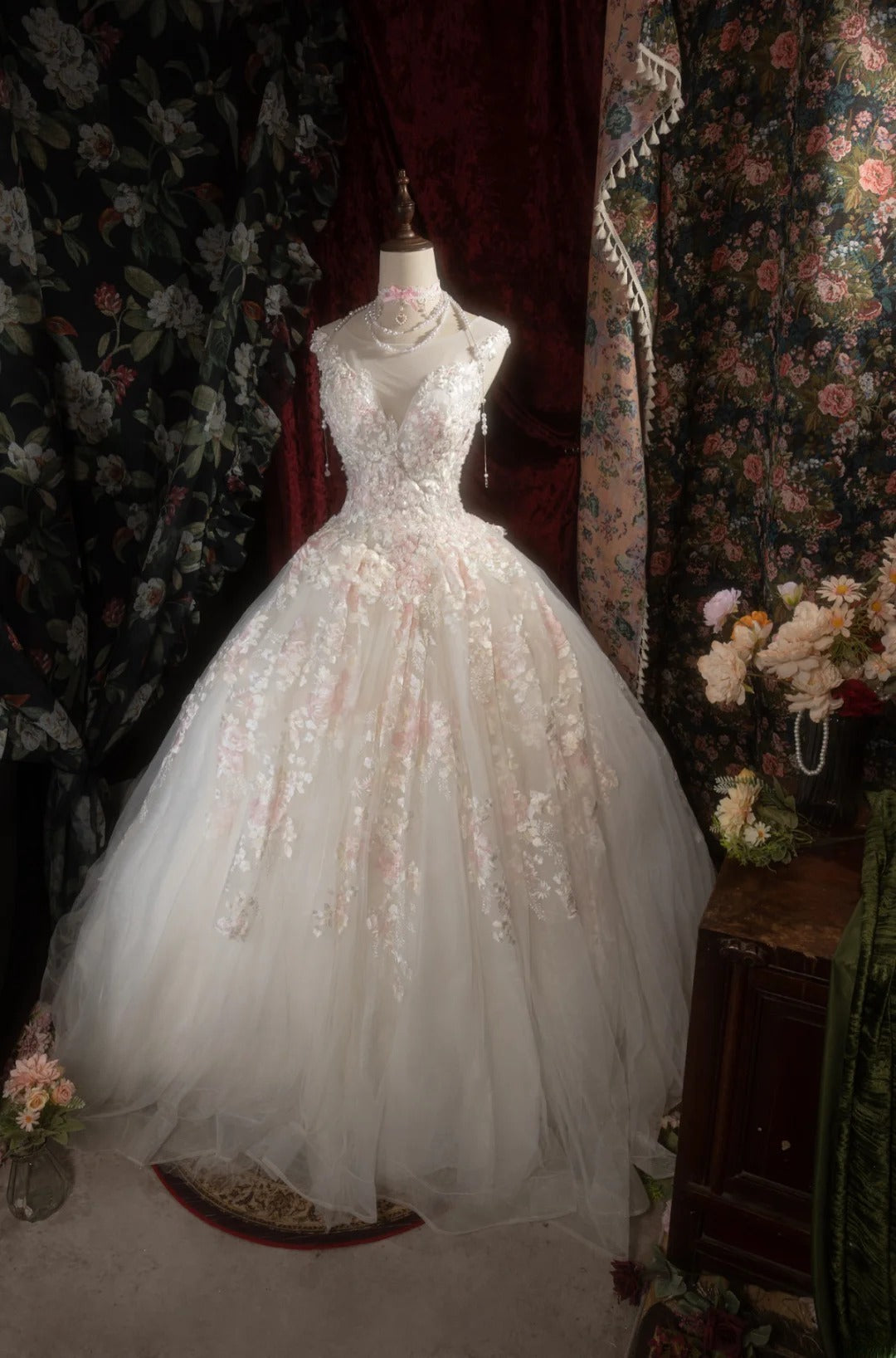Sweety Ball Gown Scoop Ivory With Pink Tulle Long Appliques Lace Quince Dress inspo Party Gowns Sweet 16 Outfits RB8276