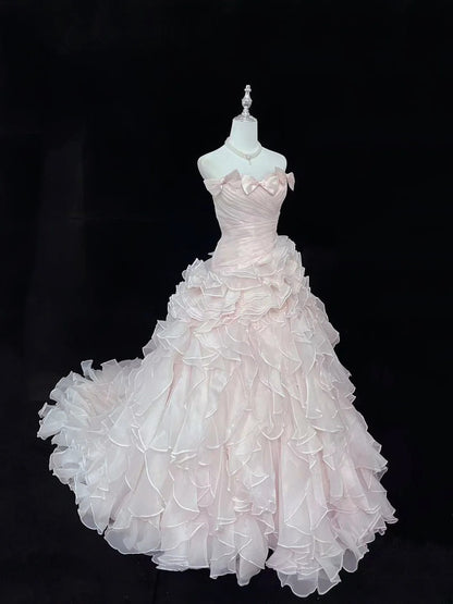 Princess Ball Gown Strapless Pink With Tiered Layers Chiffon Quince Dress Voluminous Sweet 16 Sweet Sixteen Outfits Vestido de 15 RB7504