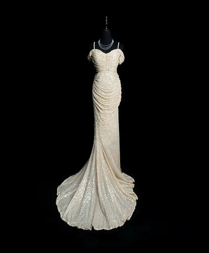 Modest Prom Dresses Mermaid Off The Shoulder Slit Sequin Long Party Dress Formal Outfits RB5944