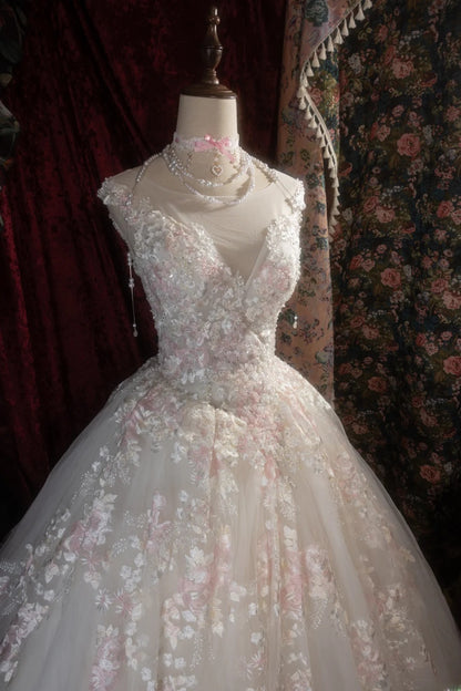 Sweety Ball Gown Scoop Ivory With Pink Tulle Long Appliques Lace Quince Dress inspo Party Gowns Sweet 16 Outfits RB8276