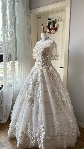 Sweet 15 Quinceanera Dress Ball Gown Scoop With Lace Appliques Short Sleeves Long 15th Birthday Gown RC0499