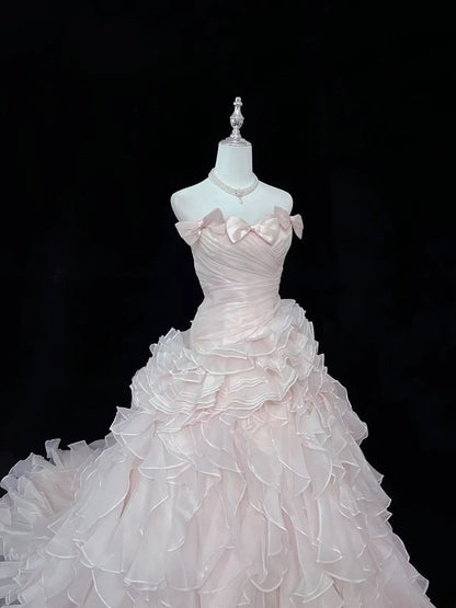 Princess Ball Gown Strapless Pink With Tiered Layers Chiffon Quince Dress Voluminous Sweet 16 Sweet Sixteen Outfits Vestido de 15 RB7504