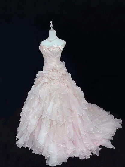 Princess Ball Gown Strapless Pink With Tiered Layers Chiffon Quince Dress Voluminous Sweet 16 Sweet Sixteen Outfits Vestido de 15 RB7504