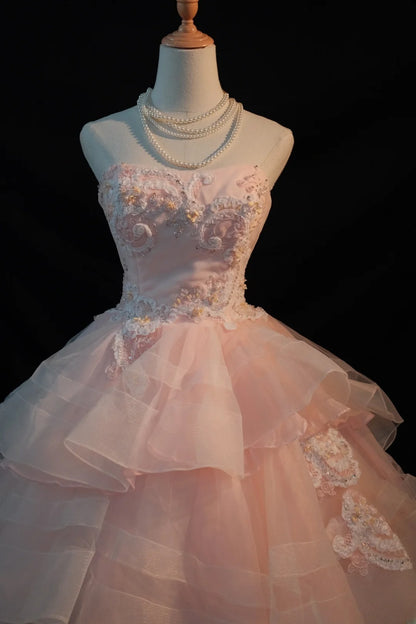 Cute Ball Gown Strapless Pink Tulle Long Sleeves Sweet 16 Dresses Seventeen Quince Dress RB3582