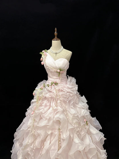 Princess Ball Gown One Shoulder Pink With Tiered Layers Chiffon Quince Dress Voluminous Sweet 16 Sweet Sixteen Outfits Vestido de 15 RB7505
