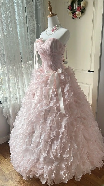 Modest Sweet 16 Dress Long Sweetheart Pink Tulle With Tiered Layers Ball Gown Sweet Sixteen Party Birthday Dresses RC0500