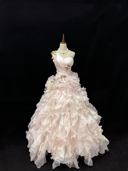 Princess Ball Gown One Shoulder Pink With Tiered Layers Chiffon Quince Dress Voluminous Sweet 16 Sweet Sixteen Outfits Vestido de 15 RB7505