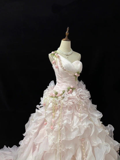 Princess Ball Gown One Shoulder Pink With Tiered Layers Chiffon Quince Dress Voluminous Sweet 16 Sweet Sixteen Outfits Vestido de 15 RB7505