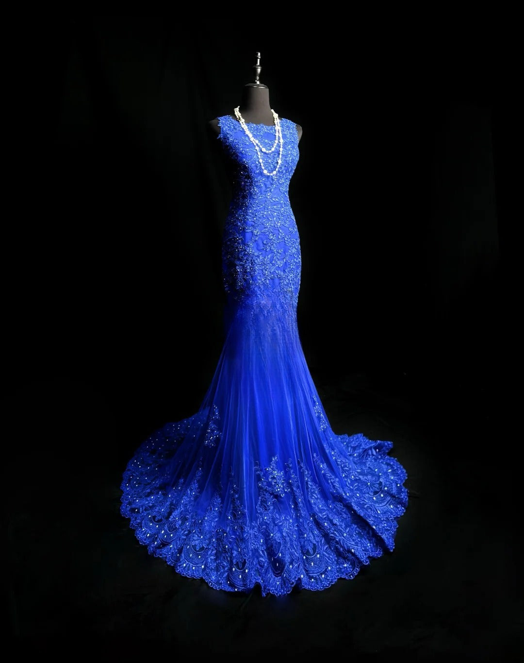 Modest Prom Dresses Mermaid Scoop Royal Blue Backless Tulle With Appliqued Long Party Dress Formal Outfits RB5946