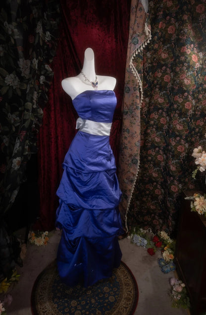 Vintage Mermaid Strapless Royal Blue Satin With Tiered Long Prom Dresses Formal Outfits Evening Night Gown RB8140