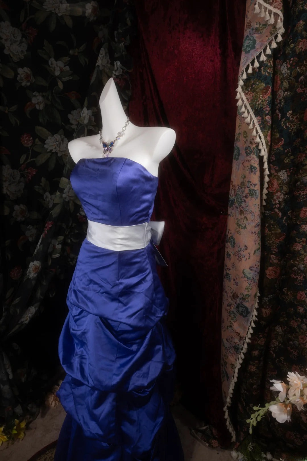 Vintage Mermaid Strapless Royal Blue Satin With Tiered Long Prom Dresses Formal Outfits Evening Night Gown RB8140