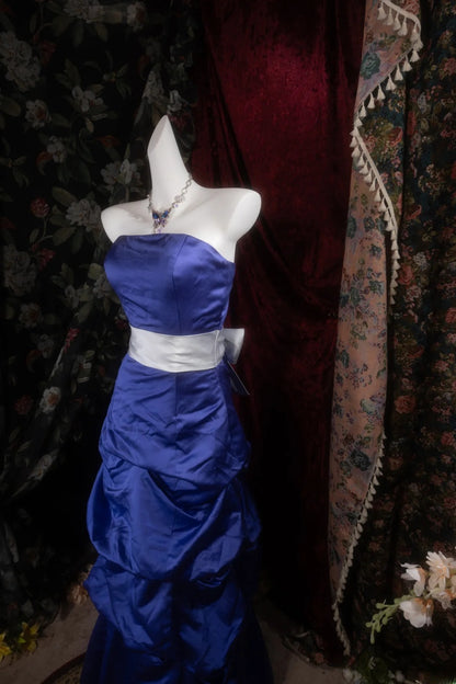 Vintage Mermaid Strapless Royal Blue Satin With Tiered Long Prom Dresses Formal Outfits Evening Night Gown RB8140