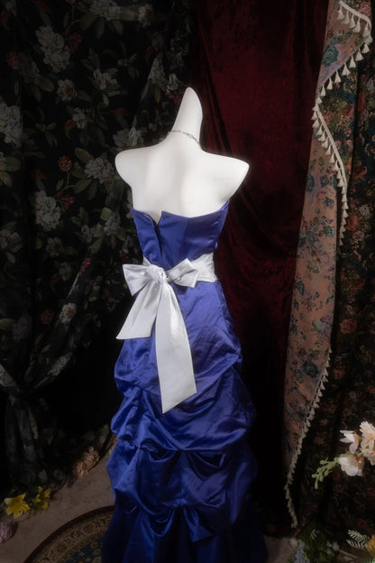 Vintage Mermaid Strapless Royal Blue Satin With Tiered Long Prom Dresses Formal Outfits Evening Night Gown RB8140