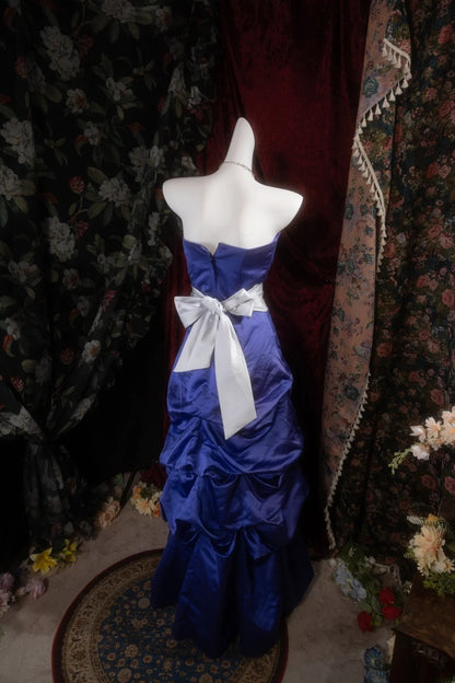 Vintage Mermaid Strapless Royal Blue Satin With Tiered Long Prom Dresses Formal Outfits Evening Night Gown RB8140