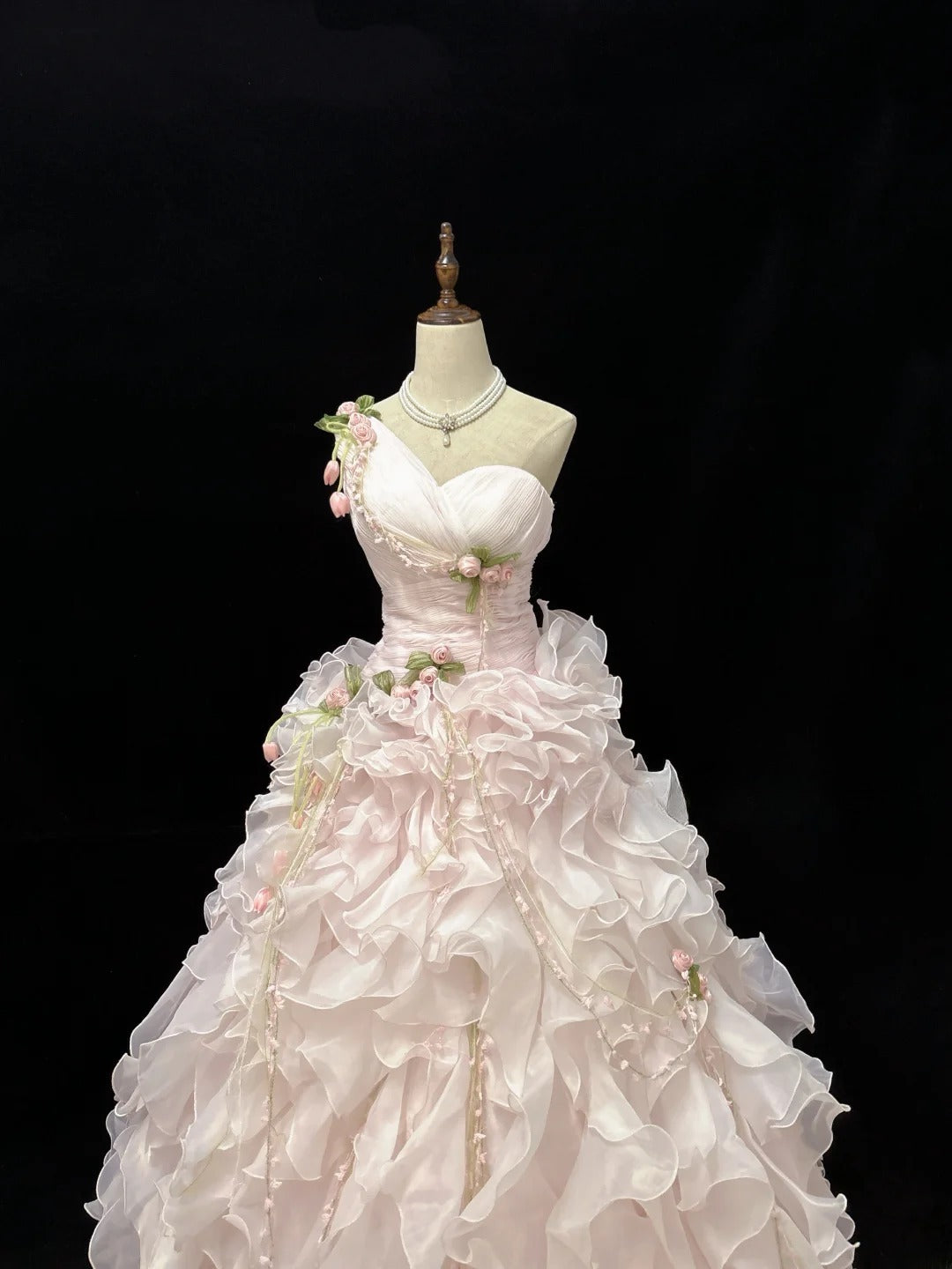 Modest Ball Gown One Shoulder Pink With Tiered Layers Chiffon Quince Dress Voluminous Sweet 16 Sweet Sixteen Outfits Vestido de 15 RB7507