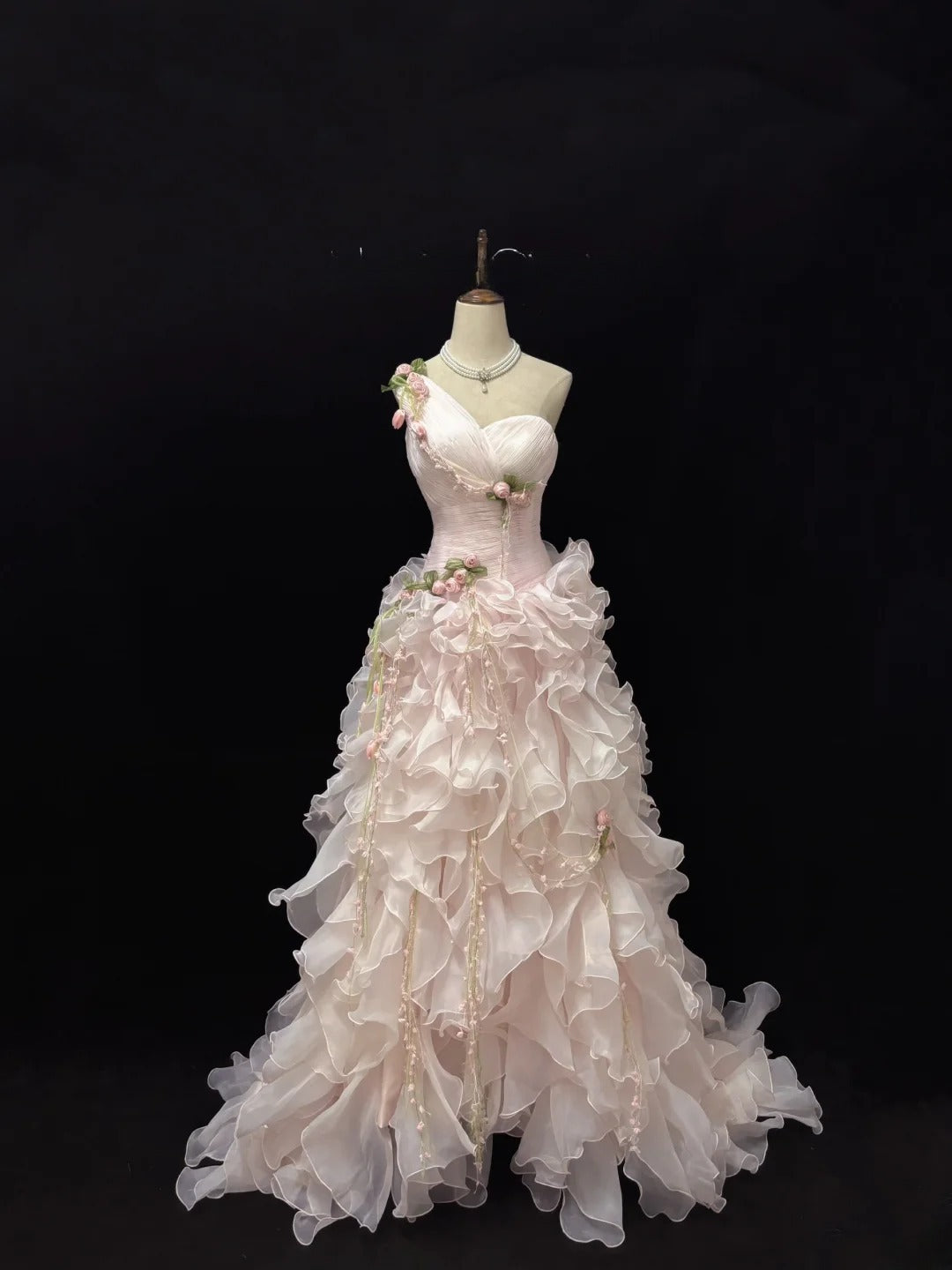 Modest Ball Gown One Shoulder Pink With Tiered Layers Chiffon Quince Dress Voluminous Sweet 16 Sweet Sixteen Outfits Vestido de 15 RB7507