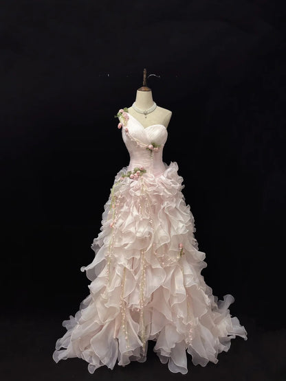 Modest Ball Gown One Shoulder Pink With Tiered Layers Chiffon Quince Dress Voluminous Sweet 16 Sweet Sixteen Outfits Vestido de 15 RB7507