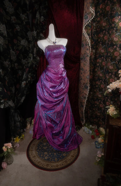 Vintage Ball Gown Strapless Purple Organza With Tiered Beading Long Prom Dresses Formal Outfits Evening Night Gown RB8141