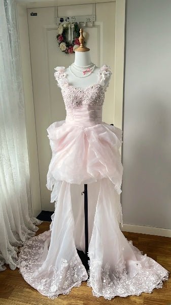 Prom Dress High Low Sweetheart Pink With Lace Formal Party Gown For Senior Women RC0502