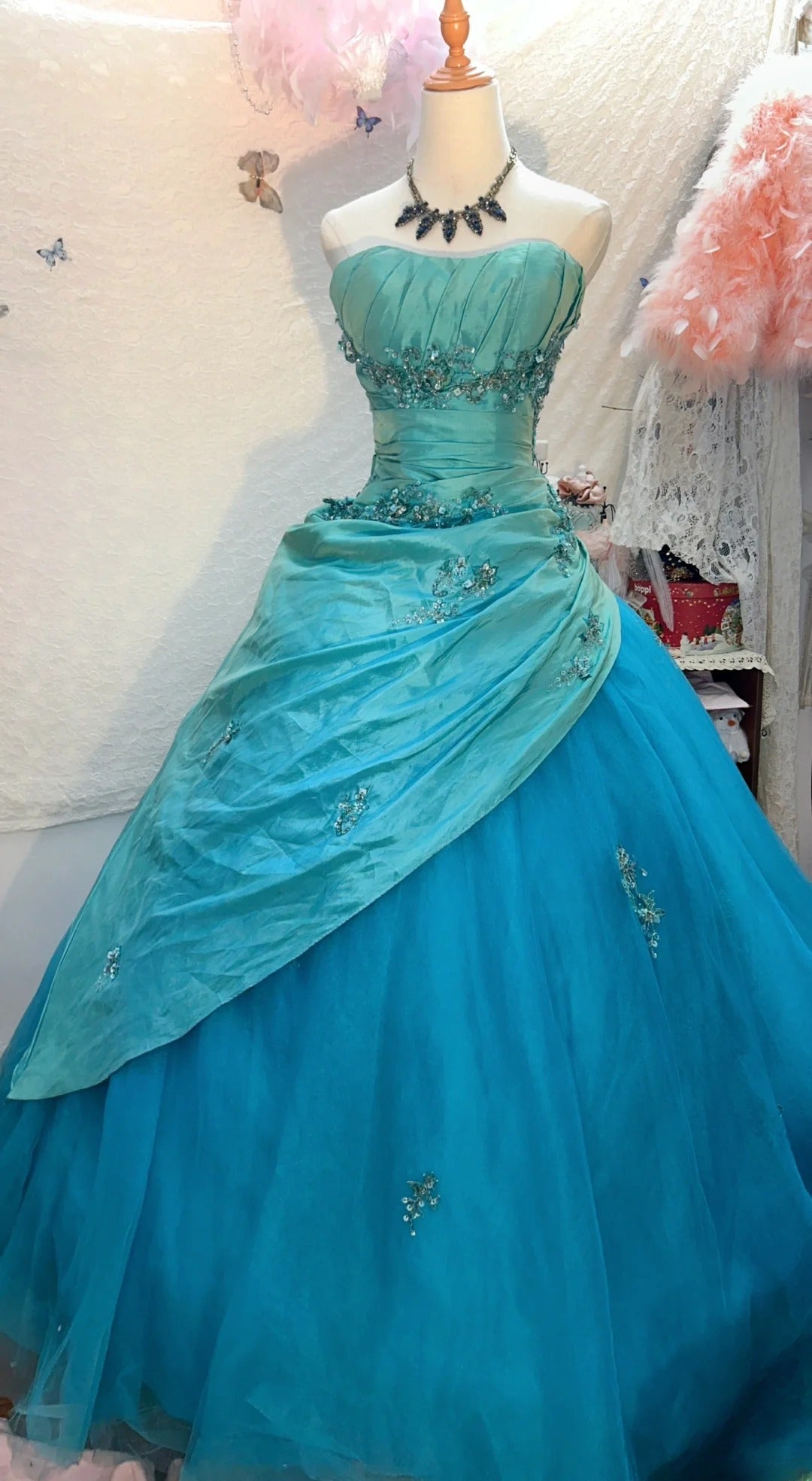 Cute Ball Gown Strapless Blue Taffeta With Appliqued Long Sleeveless Sweet 16 Dresses Seventeen Quince Dress RB3584