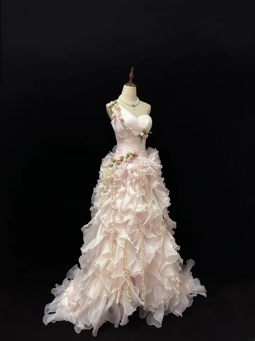 Modest Ball Gown One Shoulder Pink With Tiered Layers Chiffon Quince Dress Voluminous Sweet 16 Sweet Sixteen Outfits Vestido de 15 RB7507