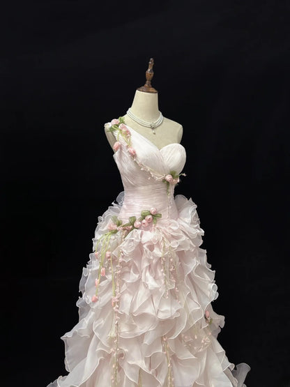 Modest Ball Gown One Shoulder Pink With Tiered Layers Chiffon Quince Dress Voluminous Sweet 16 Sweet Sixteen Outfits Vestido de 15 RB7507