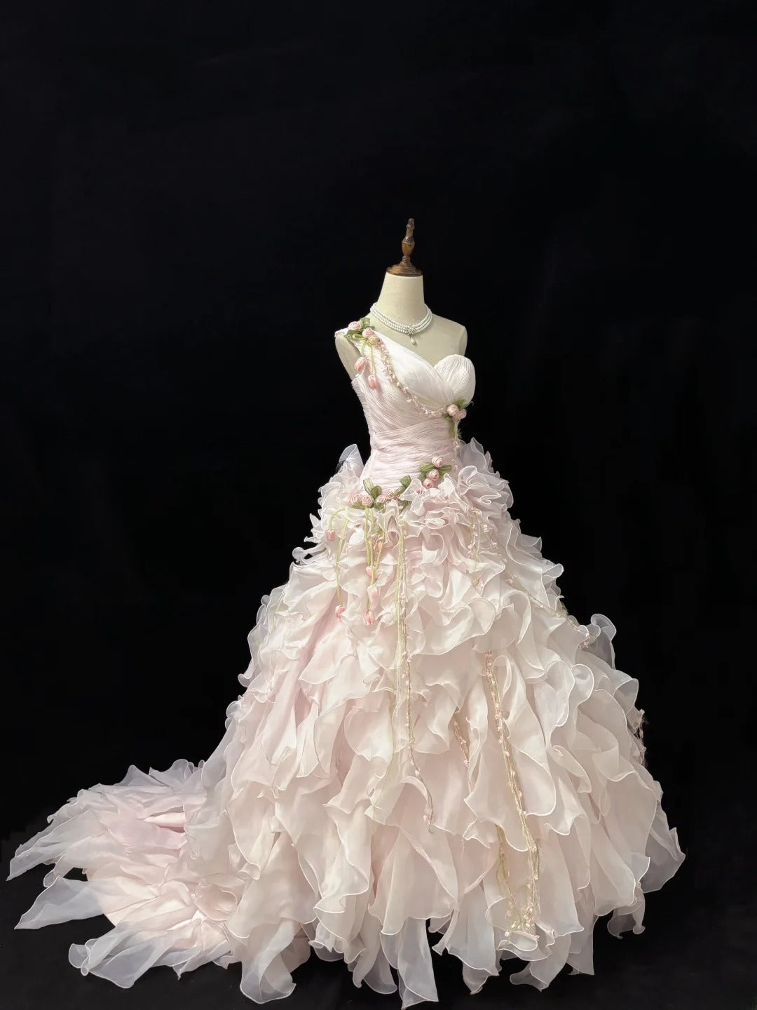 Modest Ball Gown One Shoulder Pink With Tiered Layers Chiffon Quince Dress Voluminous Sweet 16 Sweet Sixteen Outfits Vestido de 15 RB7507