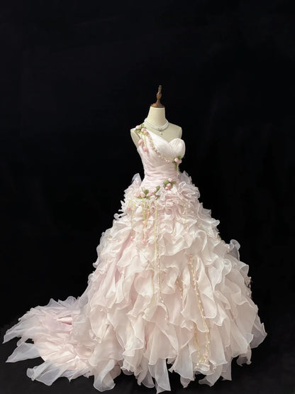 Modest Ball Gown One Shoulder Pink With Tiered Layers Chiffon Quince Dress Voluminous Sweet 16 Sweet Sixteen Outfits Vestido de 15 RB7507