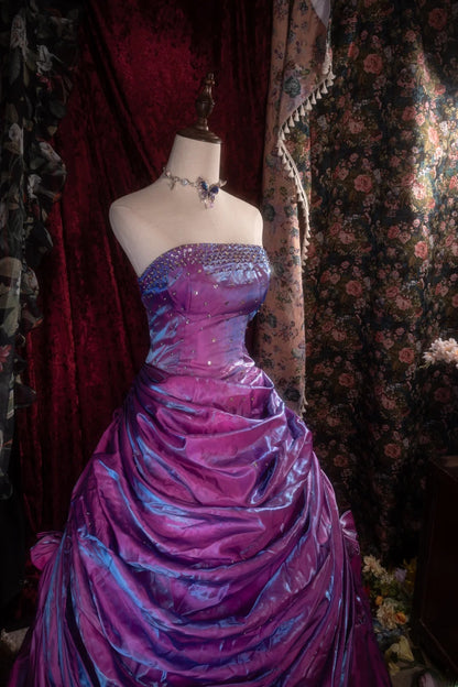 Vintage Ball Gown Strapless Purple Organza With Tiered Beading Long Prom Dresses Formal Outfits Evening Night Gown RB8141