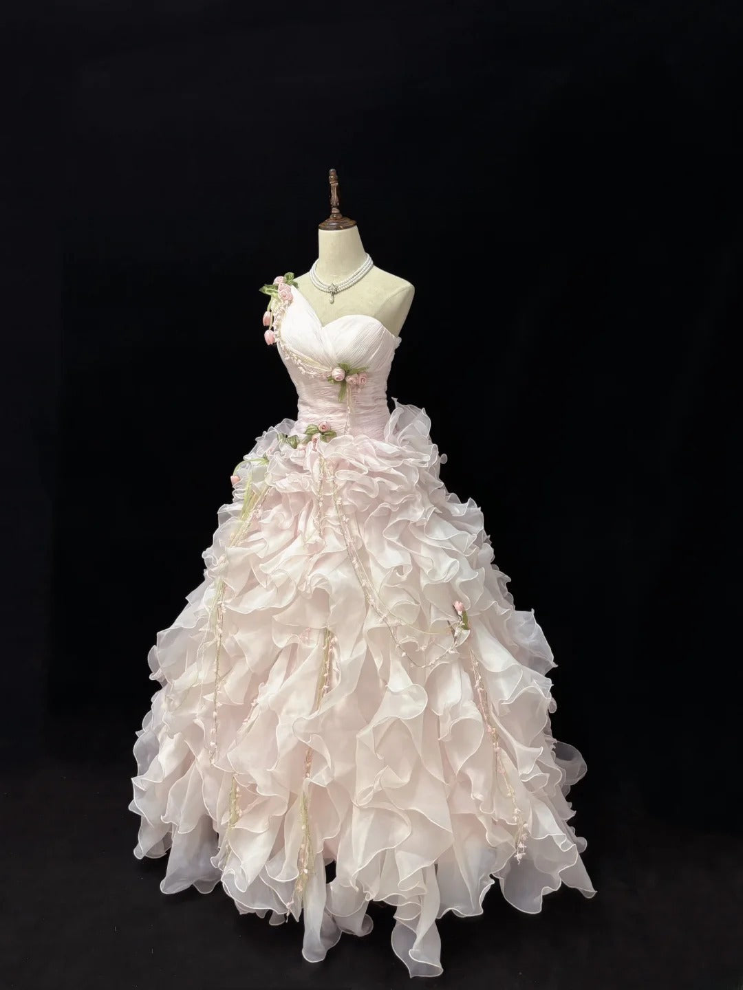 Modest Ball Gown One Shoulder Pink With Tiered Layers Chiffon Quince Dress Voluminous Sweet 16 Sweet Sixteen Outfits Vestido de 15 RB7507