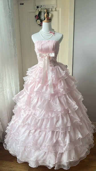 Modest Sweet 16 Dress Long Strapless Pink Tulle With Tiered Layers Ball Gown Sweet Sixteen Party Birthday Dresses RC0503