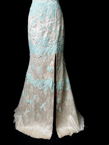 Modest Prom Dresses Mermaid Spaghetti Strap Blue Lace Champagne Tulle With Appliqued Long Party Dress Formal Outfits RB5948