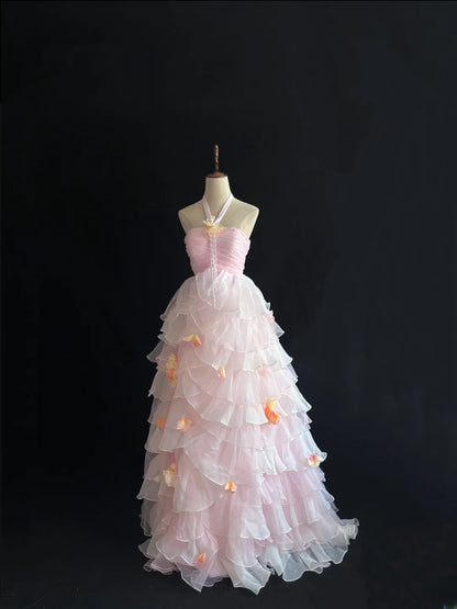 Modest Ball Gown Halter Pink With Tiered Layers Tulle Long Quince Dress Voluminous Sweet 16 Sweet Sixteen Outfits Vestido de 15 RB7508