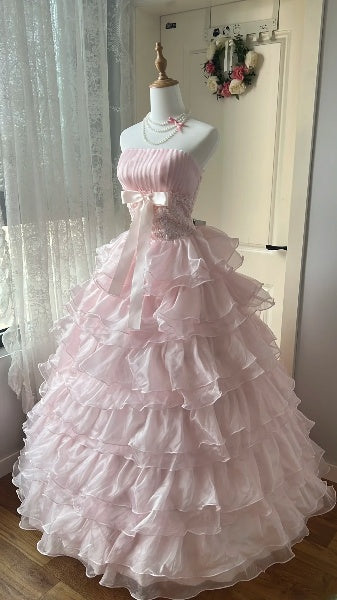 Modest Sweet 16 Dress Long Strapless Pink Tulle With Tiered Layers Ball Gown Sweet Sixteen Party Birthday Dresses RC0503
