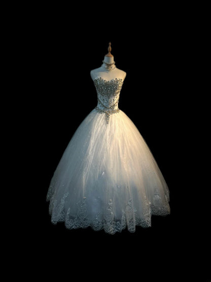 Cute Ball Gown Sweetheart White Tulle With Beading Long Sleeveless Sweet 16 Dresses Seventeen Quince Dress RB3585